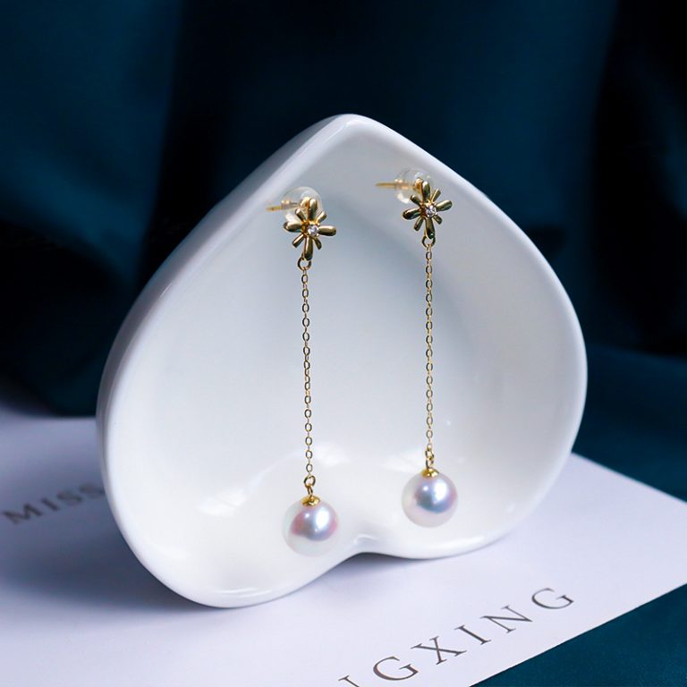 天然海水日本akoya珍珠耳線耳環(huán)女18k金長款正圓耳釘