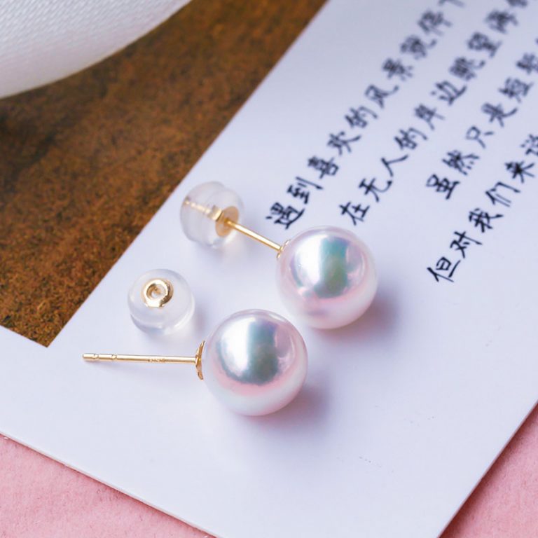 Akoya真多麻海水珍珠耳釘女18K金耳環(huán)正圓灰色簡單款