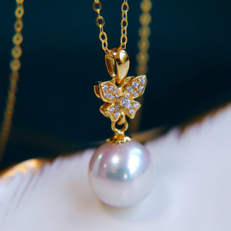 天然海水蝴蝶款18K金一顆日本akoya珍珠項鏈吊墜單顆女